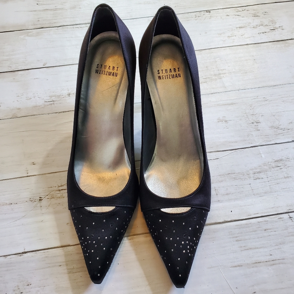 Stuart weitzman black satin high heel stiletto w‎ rhinestones size 8.5 poiny Toe - Picture 2 of 8